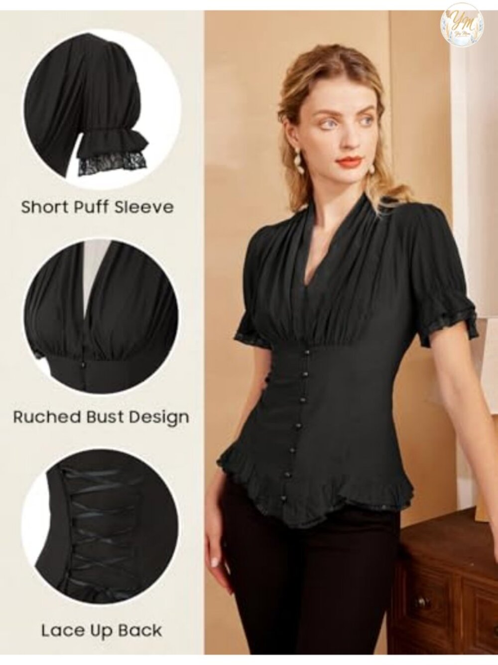 Short Sleeve Victorian Peasant Blouse with Ruffled Cuffs and Back Lacing - Picture 3 of 6